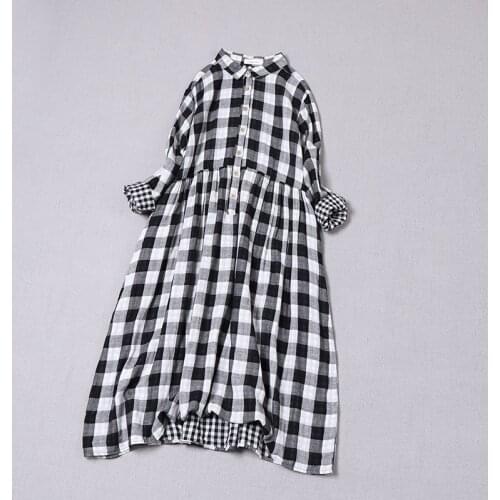Japan Style Literary Black White Plaid Dress New Spring Double Cotton Yarn Loose Long Sleeve Dresses