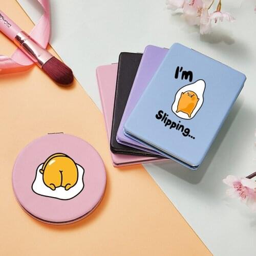 Portable Folding Makeup Mirrors with Double Side for Girls Cute Cartoon Egg PU Compact Pocket Cosmetic Vanity Magnifying Mirror