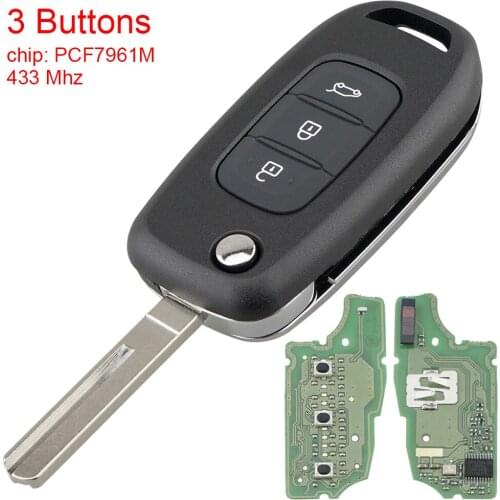 433MHz 3 Buttons Car Remote Key with PCF7961M 4A Chip IC Auto Car Key Replacement with Blade Fit for Renault Kadjar Car
