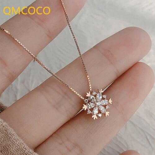 QMCOCO 925 Silver Charm Necklace For Women Trendy Sparkling Zircon Snowflake Pendant Clavicle Chain Woman Jewelry