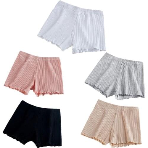 Women Girls Summer Safety Pants Thread Ribbed Striped Seamless Stretchy Underpants Solid Color Ruffled Agaric Hem Boxer Shorts