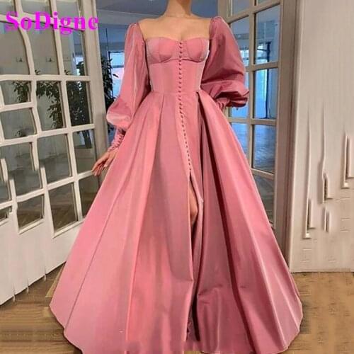 SoDigne Elegant Pink Prom Dresses High Slit Taffeta Evening Dresses with Buttons Sweetheart Puff Sleeves Long Party Gowns