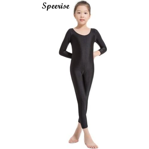 SPEERISE Girls Long Sleeve Black Unitard Boys Skin Tight Bodysuits Spandex Full Body Scoop Neck Yoga Dancewear