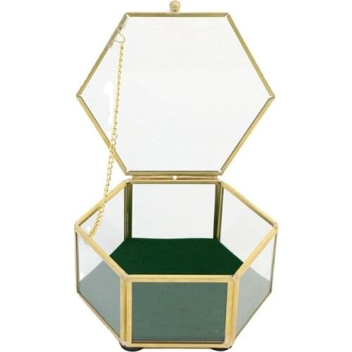 Vintage Minimalist Jewelry Box Golden Metal Frame Clear Glass with Lids Hinge Chains Decorative Storage Box Display Case