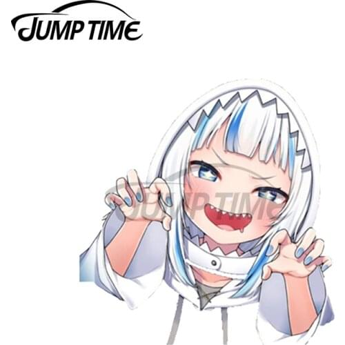 Jump Time 13 x 10.2cm For Gawr Gura Shark Girl Peeker Car Stickers Refrigerator Fine Decal Cartoon Car Accessories Decoration
