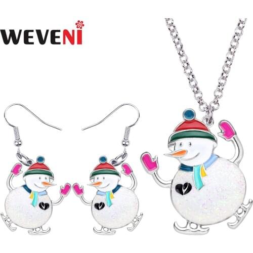 WEVENI Enamel Alloy Christmas Happy Snowman Jewelry Sets Drop Earrings Necklace Pendant Navidad Gift For Women Girls Wholesale