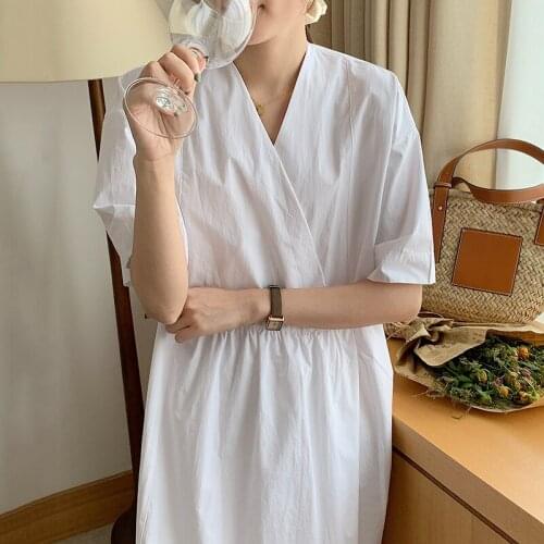 ZCSMLL Korea chic simple and thin V-neck cross women vestido design wrinkle one button loose dress long skirt female 2021 Tide
