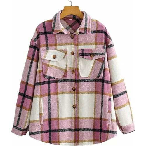 YENKYE Vintage Plaid Jacket Coat Women 2021 Fashion Lapel Collar Pockets Casual Loose Outerwear Female Autumn Plus Size Tops