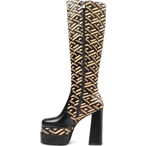 New Square Toe Knee-High Boots Women Super High Heels Mixed Colors Boots For Women Fashion Platform Shoes Women Botas de mujer