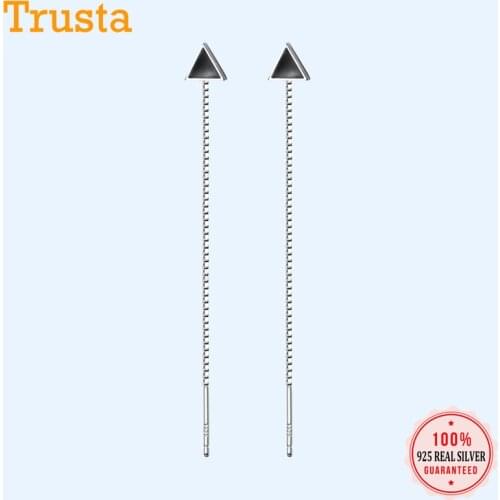 Trusta 100% 925 Sterling Silver Stud Earring Jewelry Black Triangle Linked 9.2cm Long Ear Line For Women Fashion Earrings DS1304