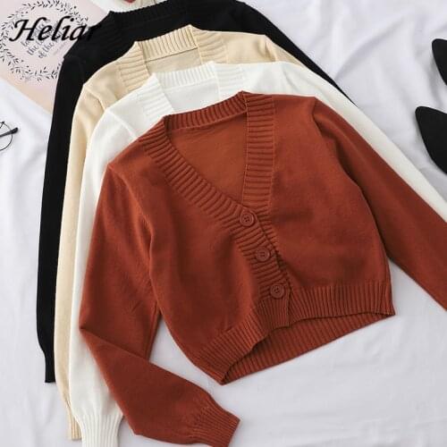 Heliar Women Buttoned Up Cardigans Solid Plain V-Neck Loose Knitting European Style Sweater Preppy Campus Crochet Elegant