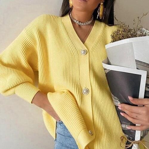 Autumn Winter Knitted Female Cardigan Womens Solid Color Casual Loose Knit Breasted V-neck Long Sleeve Cardigan Jacket