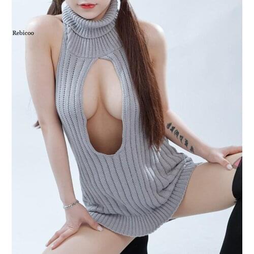Women Virgin Killer Sweater Turtleneck Pullover Sleeveless Sexy Backless Knitted Sweaters Female Jumper New