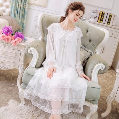 Women White Lace Sleepwear Bride Nightgowns Female Sweet Princess Sleeping Home Dress Lady Sexy Palace Nightdress Sleepwear