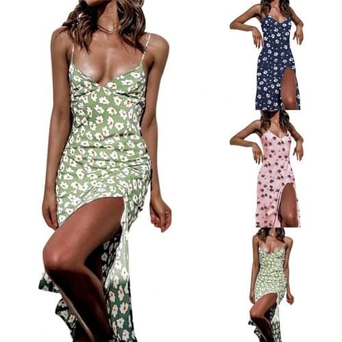 2021 Summer Women Sexy Party Dress Floral Print Split Summer Spaghetti Strap V Neck Sleeveless Dress