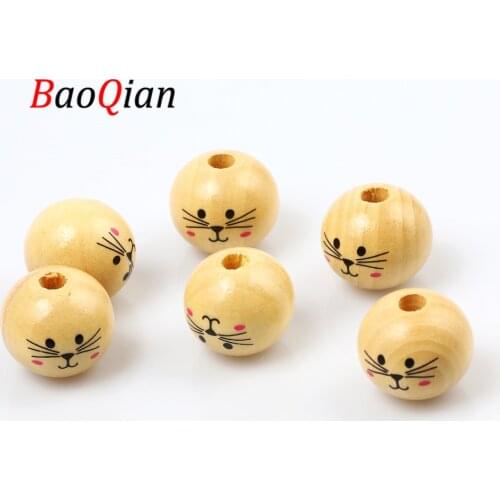 10pcs/lot Natural Wood Beads Cute Cat Pattern Round Loose Spacer Beads For Jewelry Making Diy Childrens Toy Accessories 20mm
