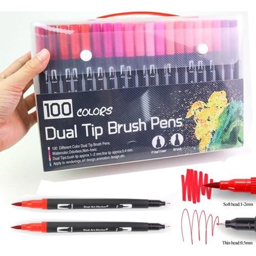 100 Colors Dual/Double Tip Brush Pen Fine Liner Hook Line Felt-Tip Pen Washable Drawing Watercolor Marker Pens School Supplies