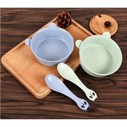 200set 2pcs/set Food Tableware Wheat Cartoon Cute Ears Kids Dishes Baby Eating Dinnerware Set Anti-hot Training Bowl+Spoon