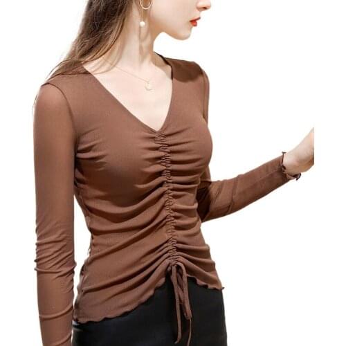 2021 New style long-sleeved T-shirt Mesh bottoming top splicing sexy v-neck pleated drawstring blouses ladies slimming pullover