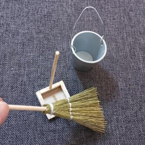 3pcs 1:12 Bucket Set Dollhouse Cleaning Tool Kits Classic Toys Pretend Play Furniture Toy Doll House Miniature Broom Dustpan/Mop