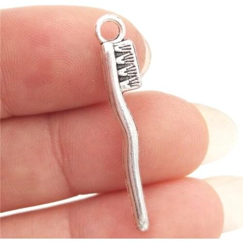 BULK 30pcs Antique Silver Plated Dentis Dental Toothbrush Charms Zinc Alloy Metal Pendants for DIY Jewelry Making 5*29mm 1.1g