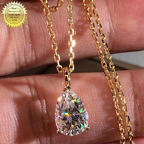 18K Yellow Gold Women Pendants Necklaces Moissanite Diamond 0.5 1 2 3 Carat Pear Water Drop Wedding Anniversary Engagement Party
