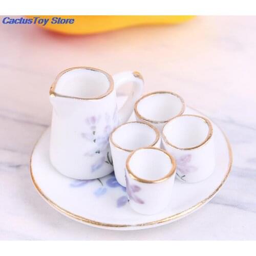 Flower Pattern Charms Dish Plate Tea Cup Set for 1/6 Scale Dollhouse House Miniature Pot Porcelain Ceramic Flower Print