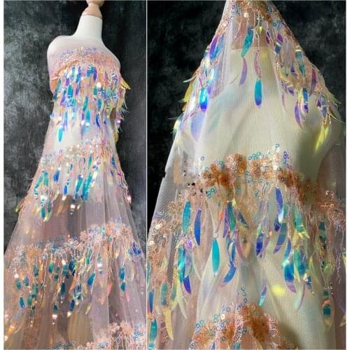 Designer gradient color phantom color fashion fabric tassel sequin laser clothing wedding net gauze dress fabric