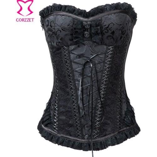 Gothic Clothing Black Brocade & Lace Zipper Corpete Corselet Overbust Steel Boned Waist Trainer Sexy Corset Korsett For Women