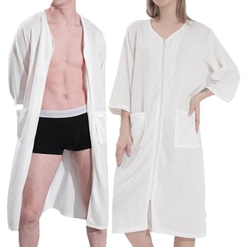 3XL Men Women Couple Zipper Bathrobe Pajamas Robe Loungewear Summer Nightgown Casual Loose Pocket Sleepwear Dress Plus Size