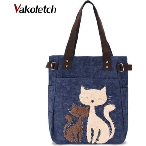 Lovely Cute Cat Canvas Handbag for Girls Ladies Large Capacity Casual Bag Women Portable Solid Zipper Shoulder Bag Bolsos KL579
