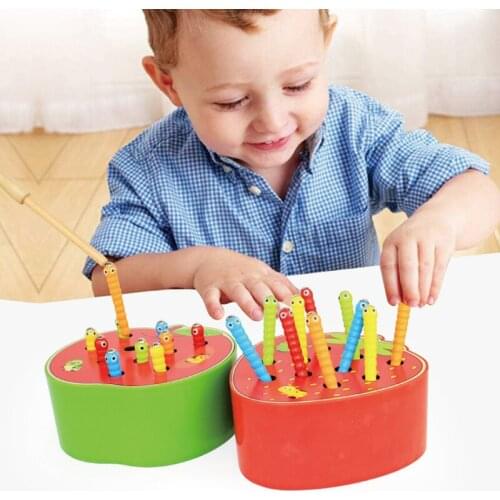 Montessori Toys Educational Wooden Toys for Children Early Learning Kids Intelligence Catch Worms Game Magnetic Wood Toy