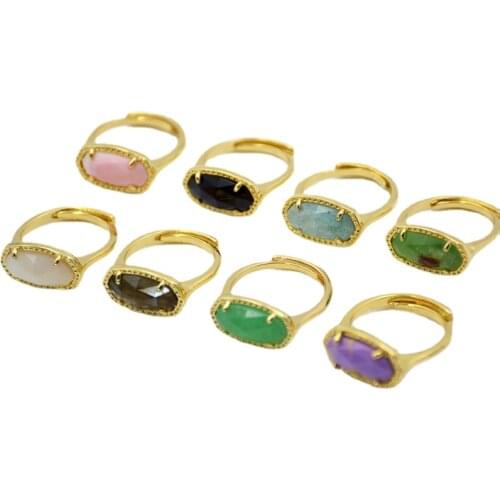Gold Plating Bezel Rainbow Natural Gem stone ring adjustable Faceted Polish hexagon sugilite moon Stone Boho Making Jewelry