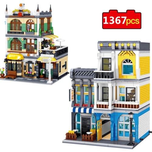 1367pcs Creator Architecture Building Blocks City Street View Bricks Set Coffee Shop Tavern Garden House Hotel Toys For Children