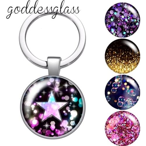 Colorful Shinning stars Bubble Glitters Round glass cabochon keychain Bag Car key chain Ring Holder Charms keychains for gift