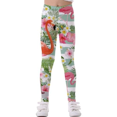 Girls Leggings Kids Shiny Dance Tights Elastic Waistband Long Pants Print Lovely Flamingos Pattern Fitness Running Bottoms