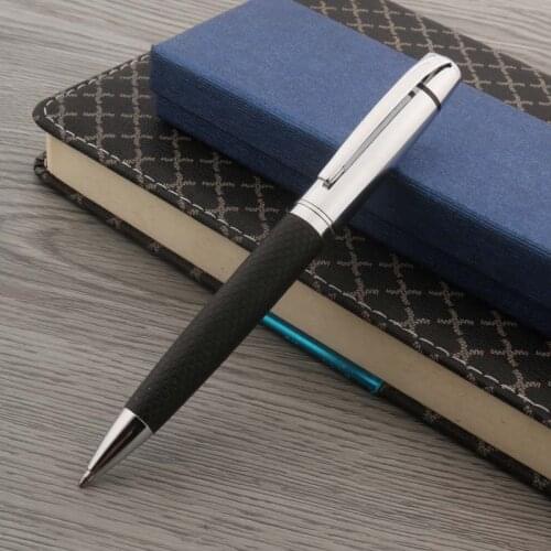 Metal Leather Ballpoint Pen Stainless Steel Black Spin Stationery Student Office Supplies Ink Pens
