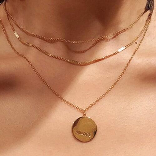 Fashion Simple Multilayer Necklace Neck Chains Geometry Disc Letters Choker Necklace for Women Girl Jewelry Accessories Gift