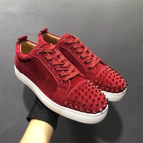 Men Casual Sneakers Suede Leather Lace-Up Rivets Red High Quality Round Toe Loafers Flat Bottom Spring Autumn Hard-Wearing Shoes