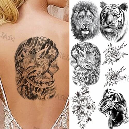 Black Fox Dagger Flower Temporary Tattoos For Women Men Lion Tiger Geometric Rose Fake Tattoo Sticker Back Wedding Arm Tatoos