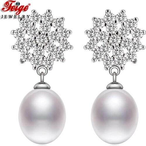 Fashion Cubic Zirconia 925 Sterling Silver White Freshwater Pearl Stud Earrings for Women Wedding Pearl Jewelry FEIGE