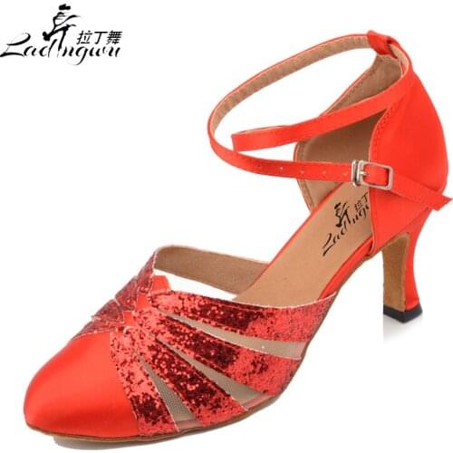 Ladingwu New Satin and Flash Cloth Ballroom Party Dance Shoes Red/Apricot Latin Dance Shoes Woman Salsa Heel 5/6/7/7.5cm
