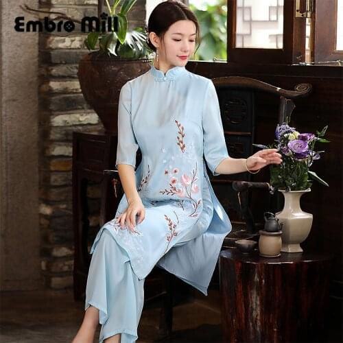 Chinese Style Suit Female Summer New Elegant Retro Embroidery Plus Size Long Coat+ Wide Leg Pants Lady Two-Piece Suit S-XXL