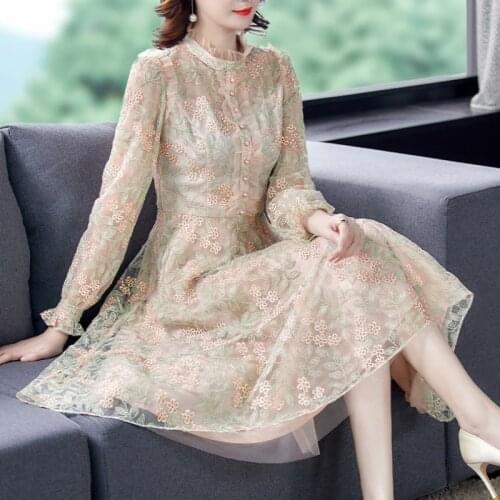 2021 Spring Fall Vintage Womens Ruffled Collar Full Sleeve Embroidery Dress , Woman 4xl 5xl Slim High Waisted Long Dresses