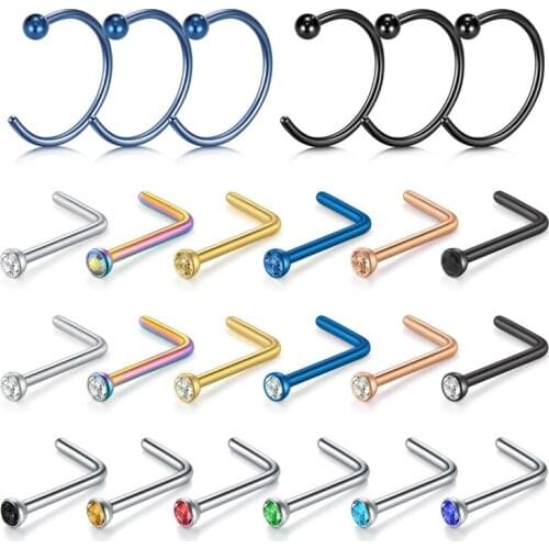 18G Stainless Steel L-Shaped Nose Rings Studs Screw Clear Clicker Retainer Tragus Cartilage Helix Earrings Piercing