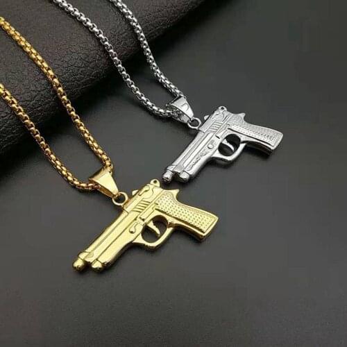 316 stainless steel gold color crystals hand gun Hiphop Revolver Pendant Necklace Ornament Jewelry Accessories