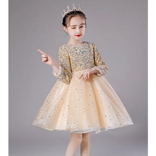 Kids Glitter Party Dresses Puffy Pink Gold Gray Girl Sequin Princess Dress Child Ball Gown Flower Girl Dresses New Year 2021