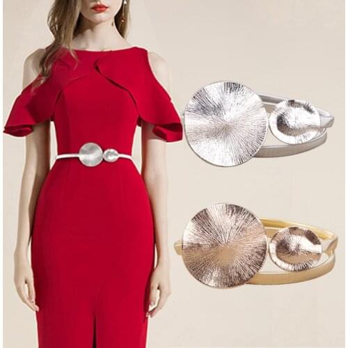 Fashion Waist Belt Metal Silver Gold Stretch Skinny Belts For Women Elastic Round Buckle Girl Ladies Woman Belts For Dress