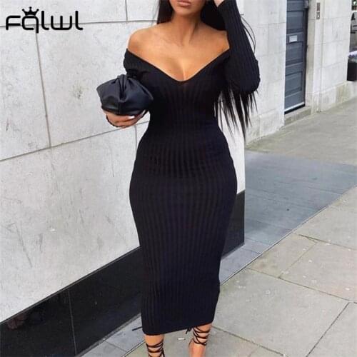 FQLWL Fall Streetwear Long Maxi Dresses For Women Long Sleeve Off Shoulder Bodycon Dress Casual Knitted White Black Dress Female