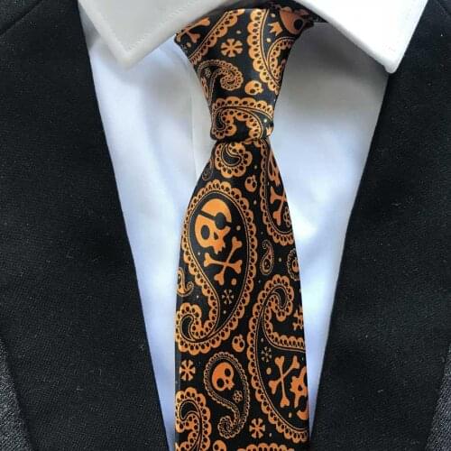 Unique Designer Necktie Mens Fashion Printed Ties Black with Golden Orange Skull Pattern